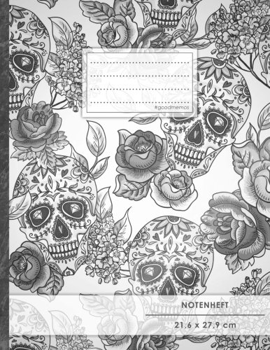 NOTENHEFT DIN A4 • 48 Seiten, 24 Blatt, 12 Systeme, „Totenköpfe“ • Original #GoodMemos Schulheft • Mit Inhaltsverzeichnis und Seitenzahlen, Noten-Lineatur 14