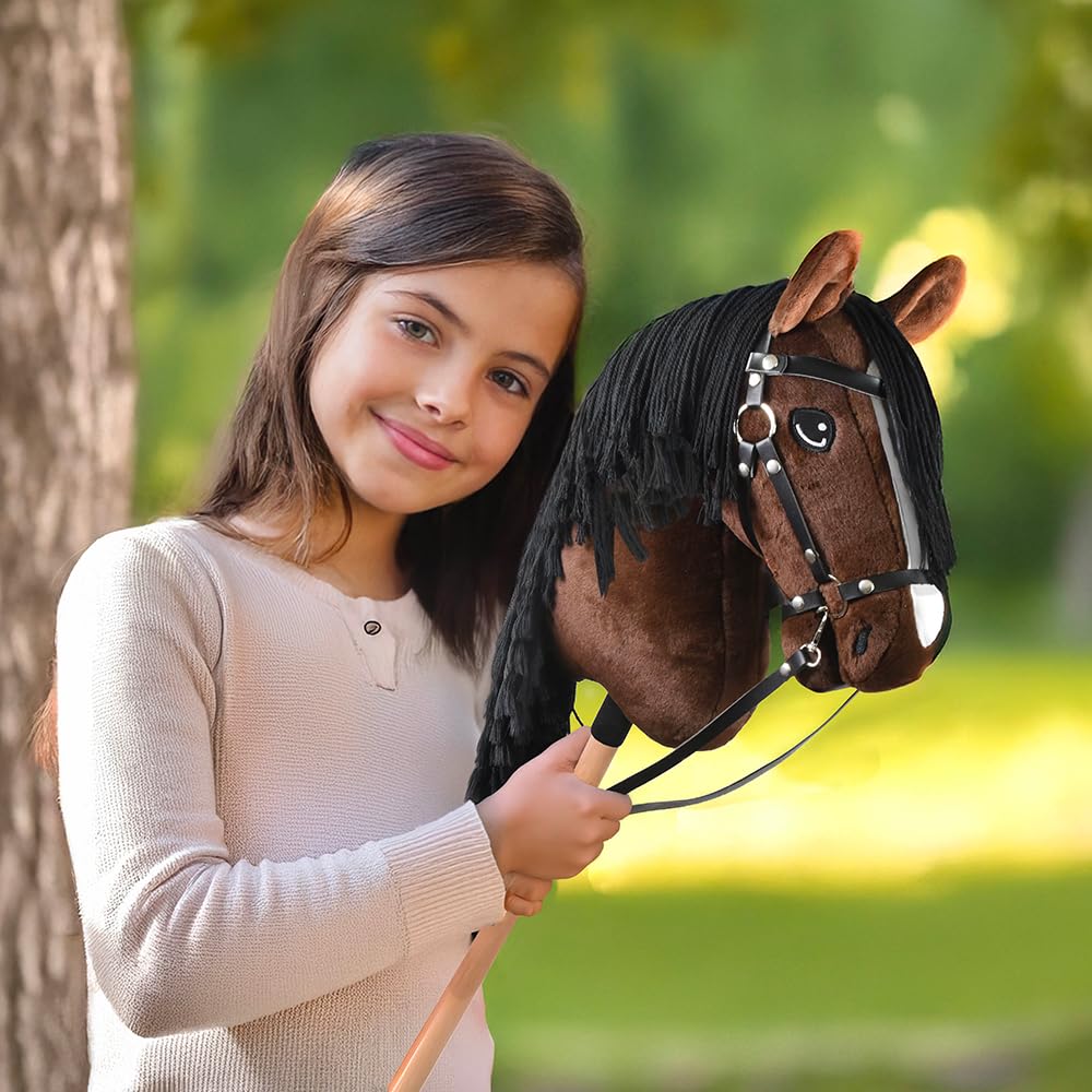 Hobby Horse Bai Brązowe Czarne Włosy. Kompletny kij koń z siatką, mors, sterem i floką. kij do hobby koni dla dzieci i młodzieży