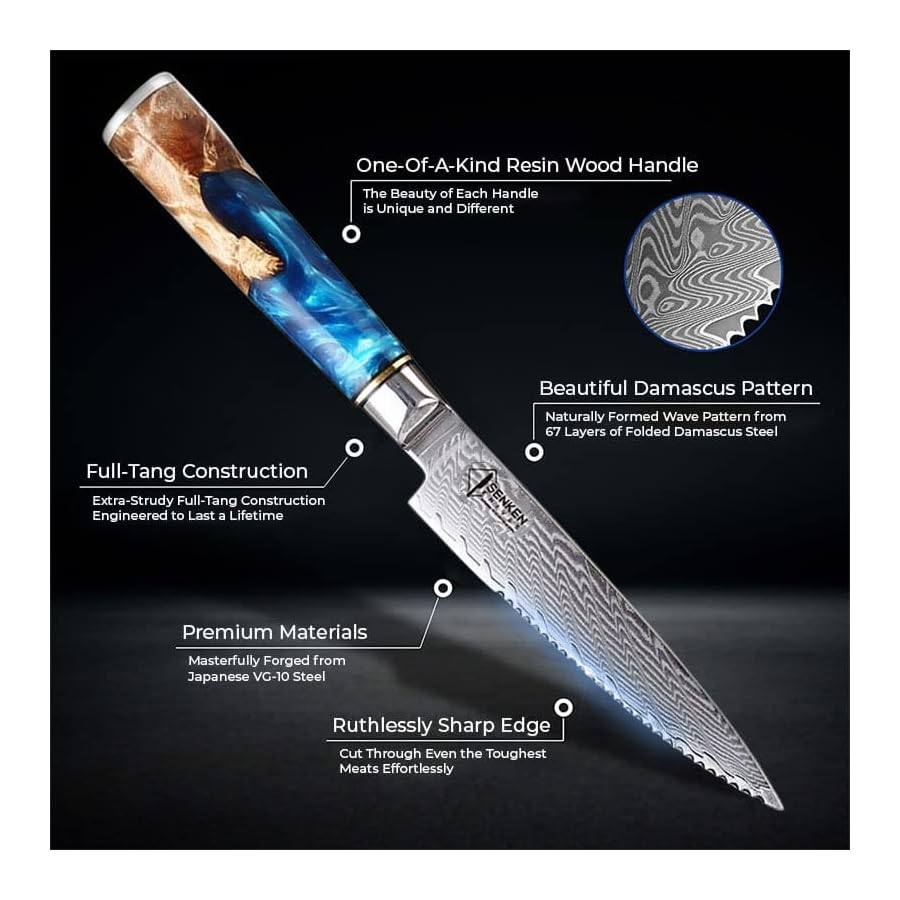 SENKEN-Damascus-Steak-Knife-Set-Tsunami-Collection-67-Layer-Japanese-VG10-Steel-Razor-Sharp-Serrated-Blades-Blue-Resin-Natural-Wood-Pattern-Handles-Luxury-Gift-Box-6-Steak-Knife-Set SENKEN Damascus Steak Knife Set - Tsunami Collection - 67-Layer Japanese VG10 Steel - Razor Sharp Serrated Blades, Blue Resin & Natural Wood Pattern Handles, Luxury Gift Box (6 Steak Knife Set)