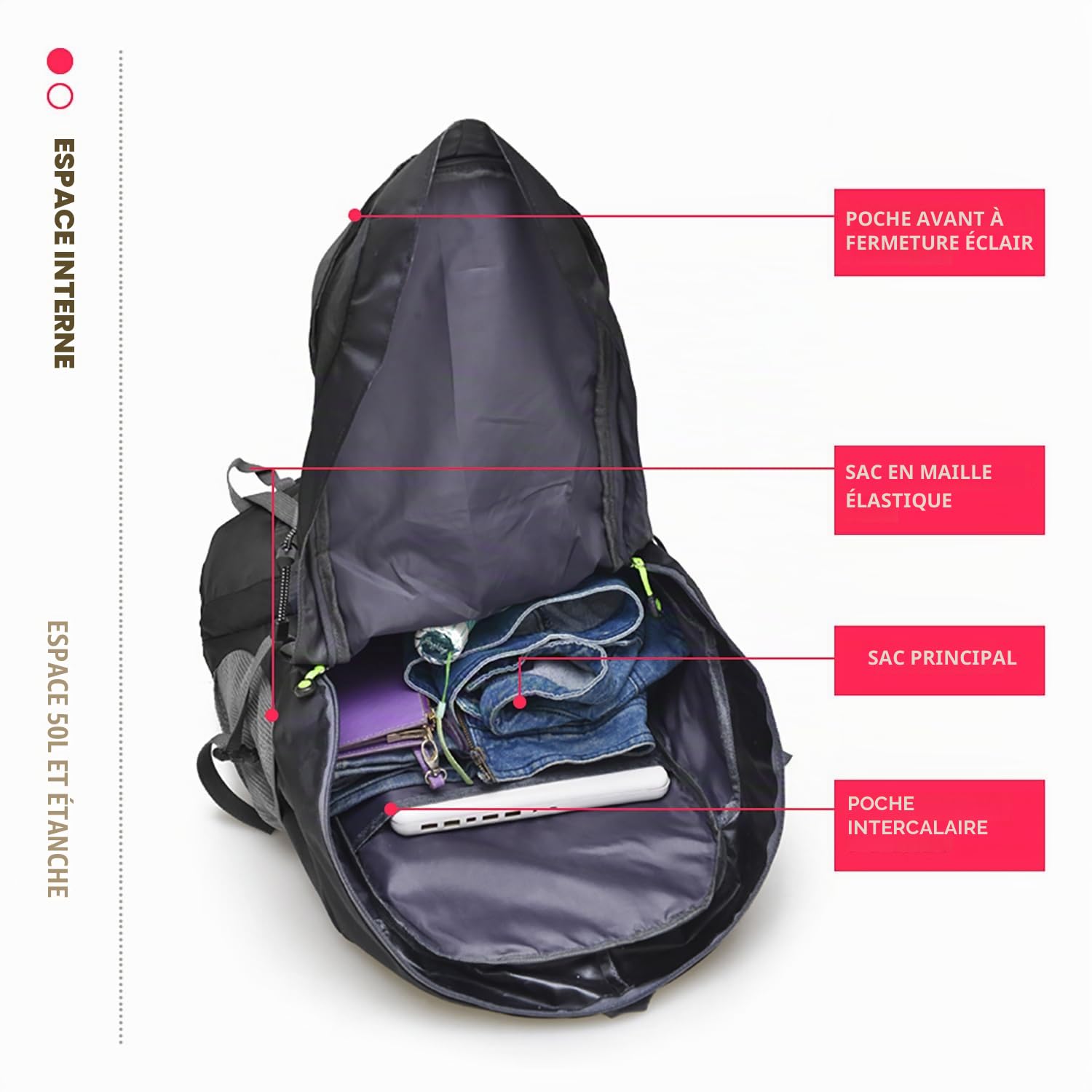 Bseash Sac à dos de randonnée léger et résistant à l'eau 50L, sac de jour pour le sport en plein air, sac de voyage pour l'escalade, le camping, le tourisme.