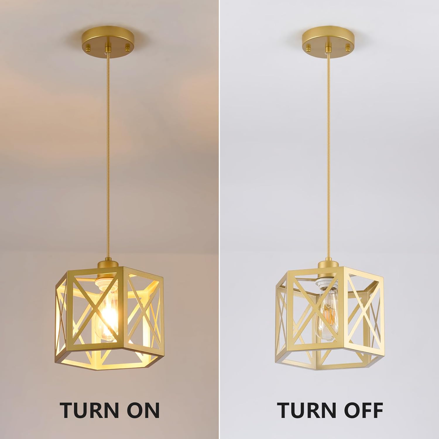 2 Pack Gold Pendant Lights, Modern Farmhouse Hanging Light Fixture with Hexagonal Cage, Vintage Brass Metal Ceiling Lights, Adjustable Lantern Pendant Lighting for Kitchen Island Sink Hallway