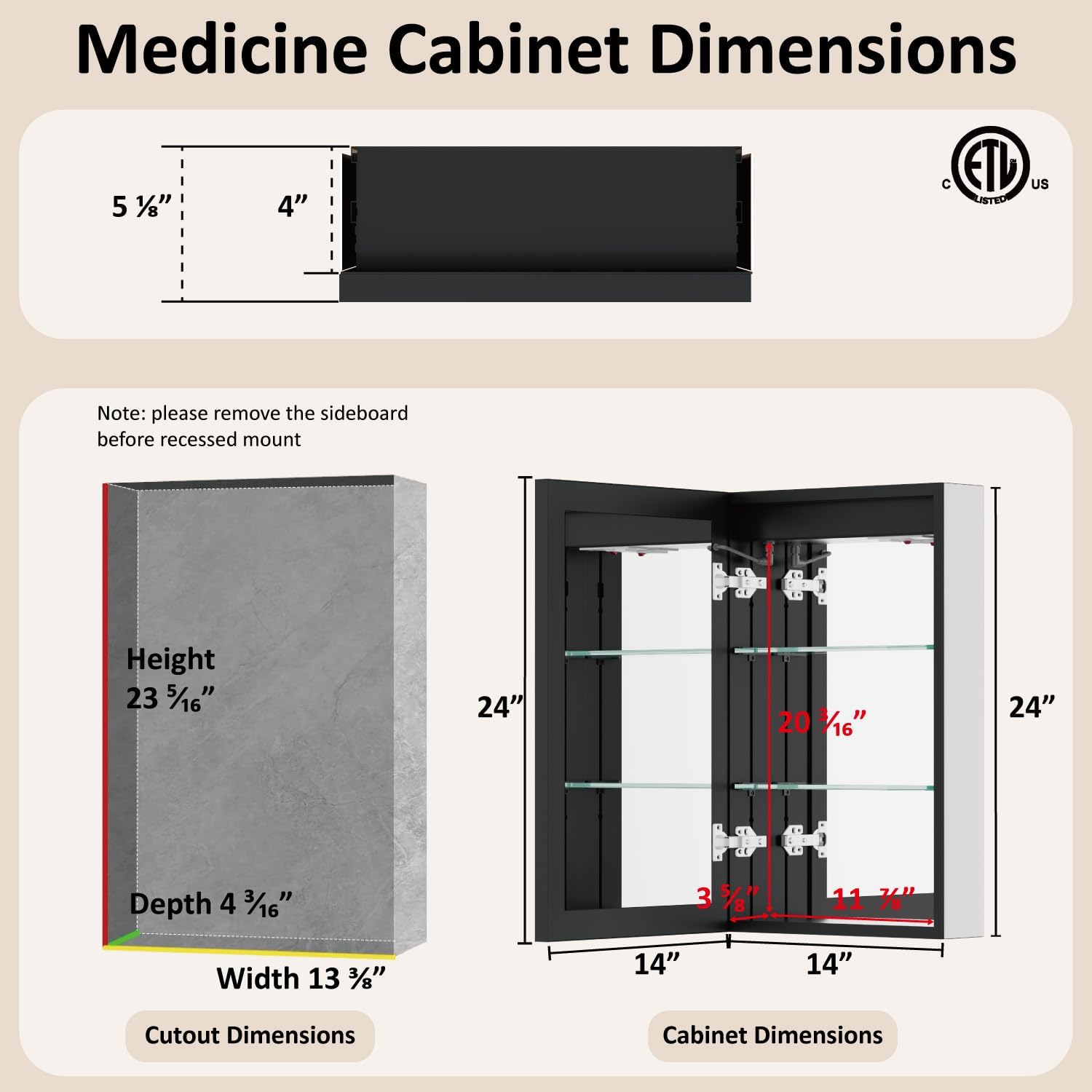 14x24 Inch Medicine Cabinet with Lights, Recessed or Surface Mount Bathroom LED Medicine Cabinet with Mirror, Anti-Fog, Adjustable Shelf, Dimmable Light, Outlets & USB,ETL Listed, Left Hinge,Black