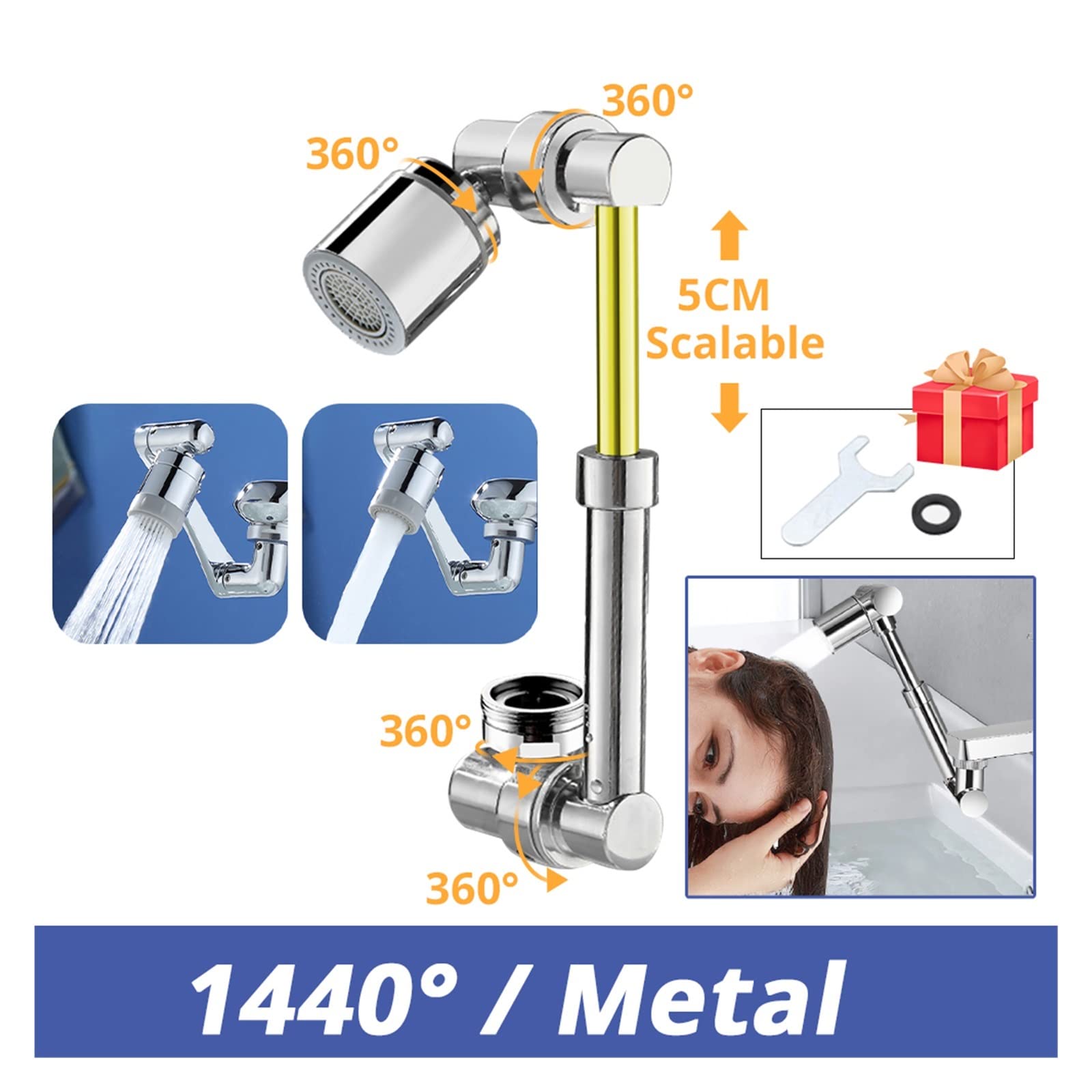 Metallo Rame 1440 ° Rotazione Rubinetto Aeratore Prolunga Girevole Braccio robotico Rubinetti Ugello Cucina Risparmio idrico Spruzzatore Ben Fatto(1440 Dual-mode Set 3)