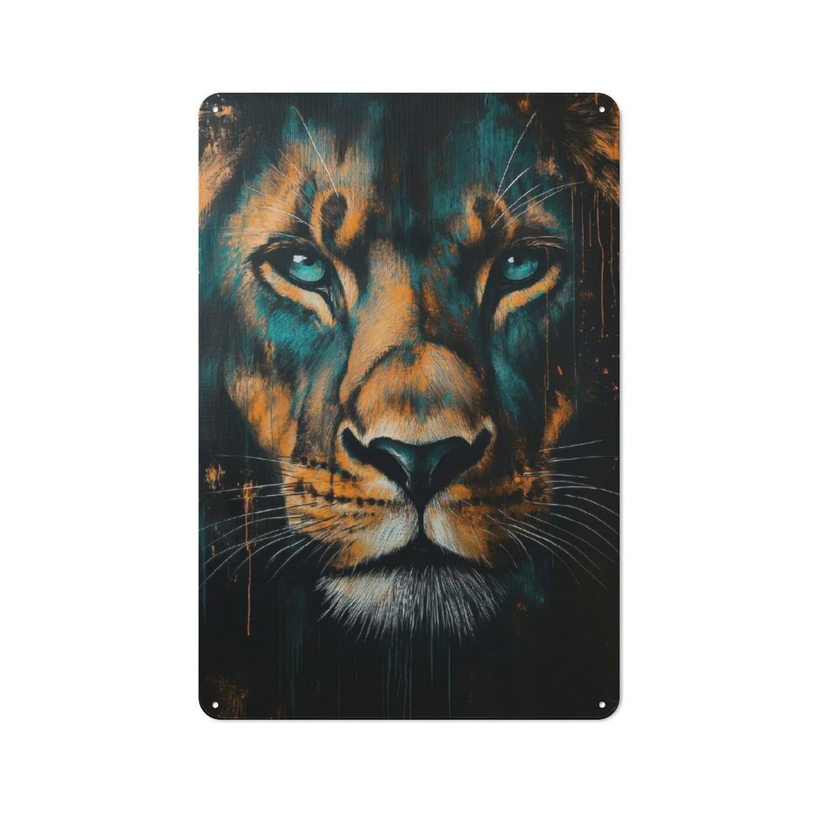 Junmoney Lion Portrait In Teal And Orange Tin Wall Plaque 30X20cm With For Café Or Home Bar, New-Space Wall Decor For Hospitality Decor Collectors