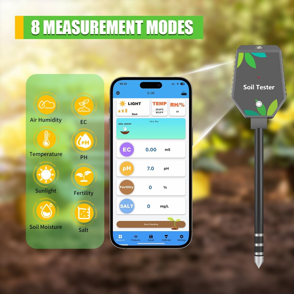 Misuratore di Terreno Multifunzione Digitale Ph/EC/Luce/Umidità/Fertilità/Termometro/Igrometro per Test di Giardinaggio