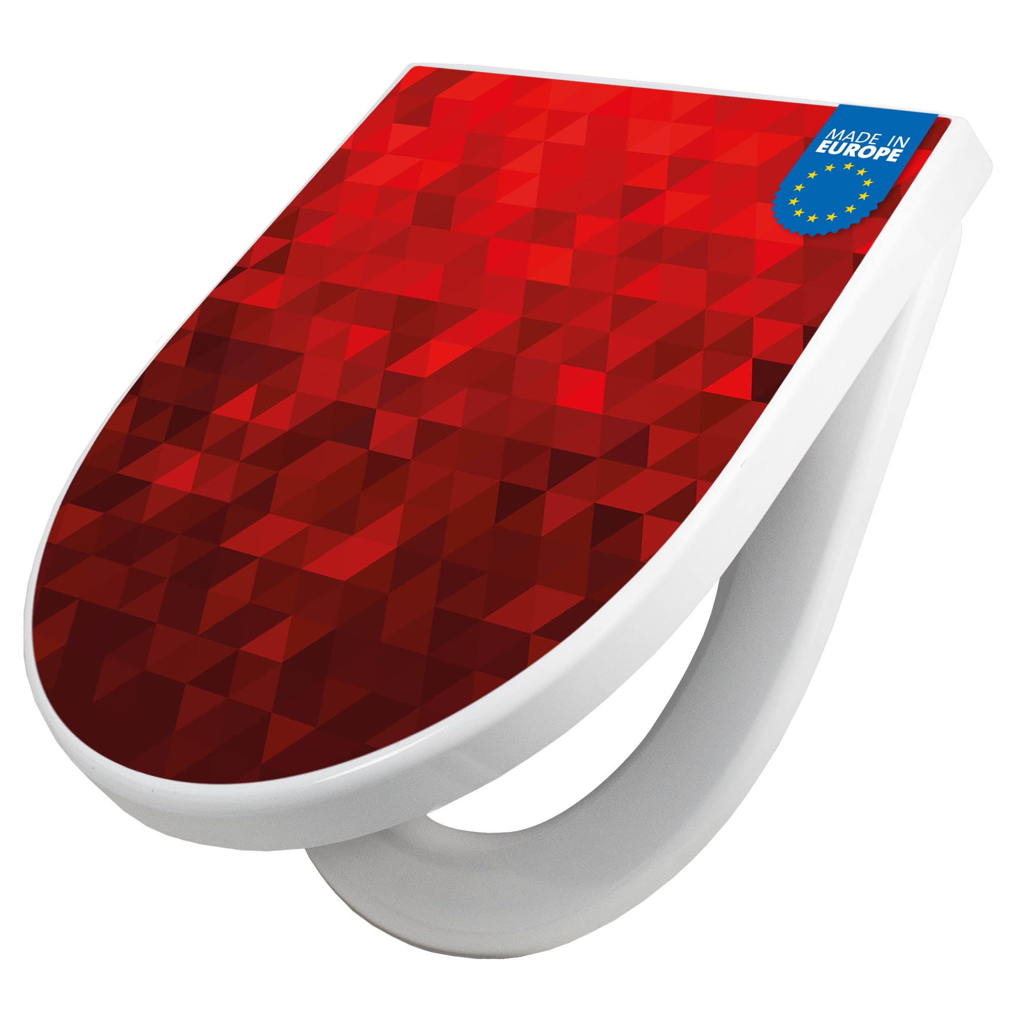 banjado WC Sitz mit Absenkautomatik D Form - Toilettendeckel mit Absenkautomatik D Form - Klodeckel Softclose - stabile Klobrille - Toilettensitz Weiß - Motiv Dreiecke Rot