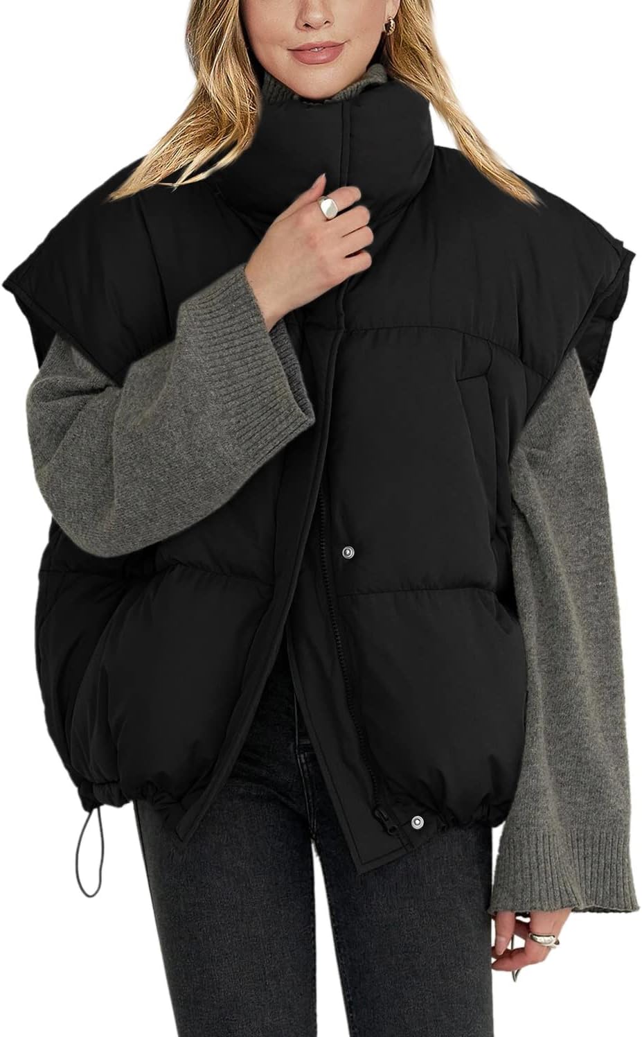 Veatzaer Women’s Oversized Sleeveless Zip Puffer Vest with Drawstring Hem and Stand Collar – Warm Winter Coat Veatzaer Women’s Oversized Sleeveless Zip Puffer Vest with Drawstring Hem and Stand Collar – Warm Winter Coat