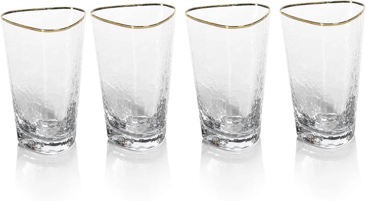 Amalfi Hammered Triangular Glassware or Stemware with Gold Rims - Elegant Crystal Cocktail Glassware for Parties, Gifts & Home Bar - Sets of 4 (Highball - S/4)