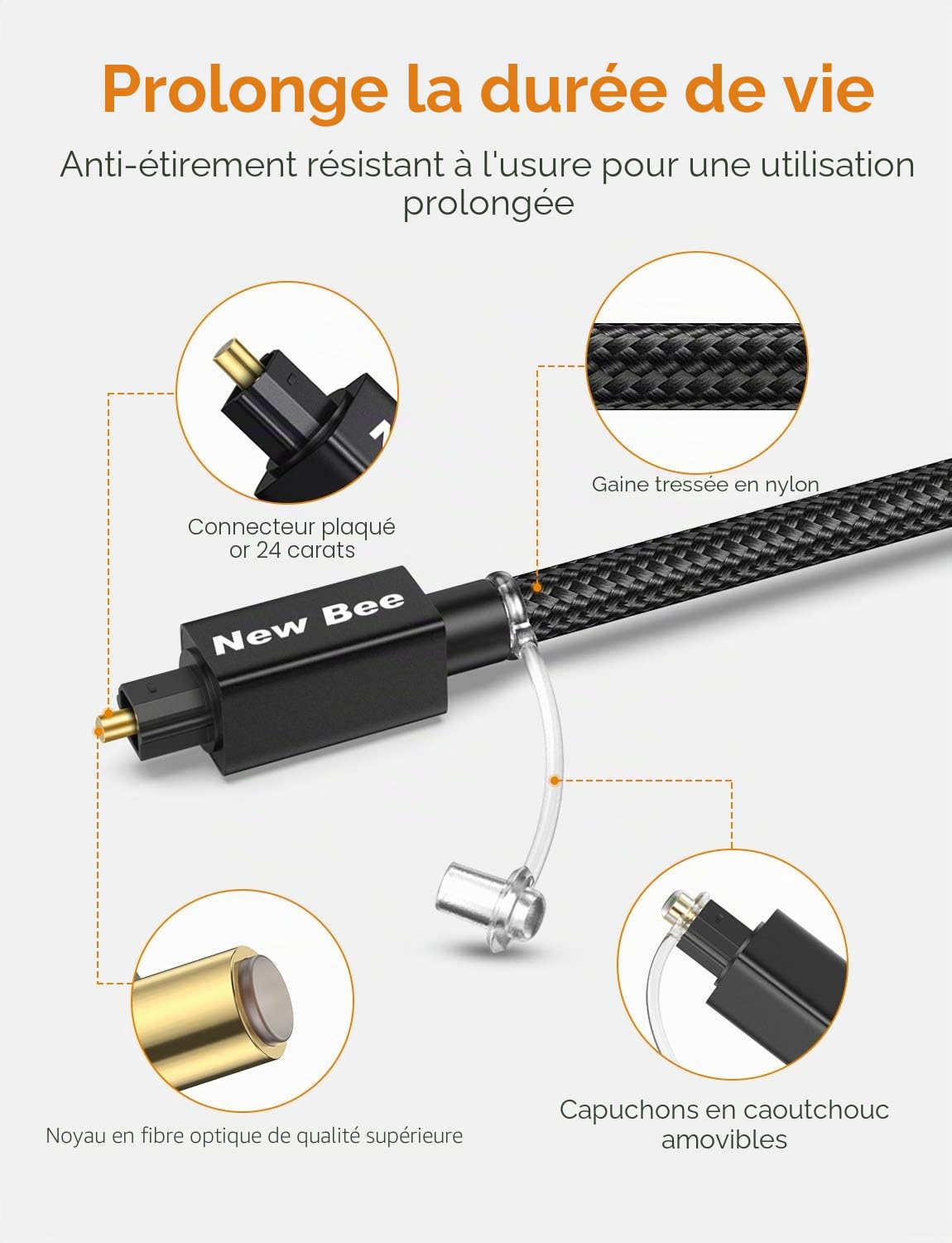 New bee Toslink Câble audio optique numérique pour barre de son LG/Samsung/Sony/Philips, système HiFi, stéréo, home cinéma, systèmes audio (1 m)