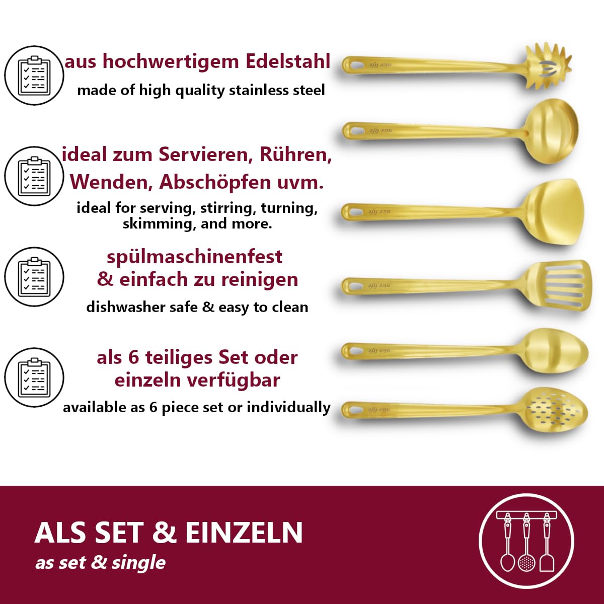 Lot de 6 ustensiles de cuisine en acier inoxydable - Comprend 1 louche à soupe, 2 spatules, 1 écumoire, 1 cuillère à spaghetti, 1 cuillère de service (doré)