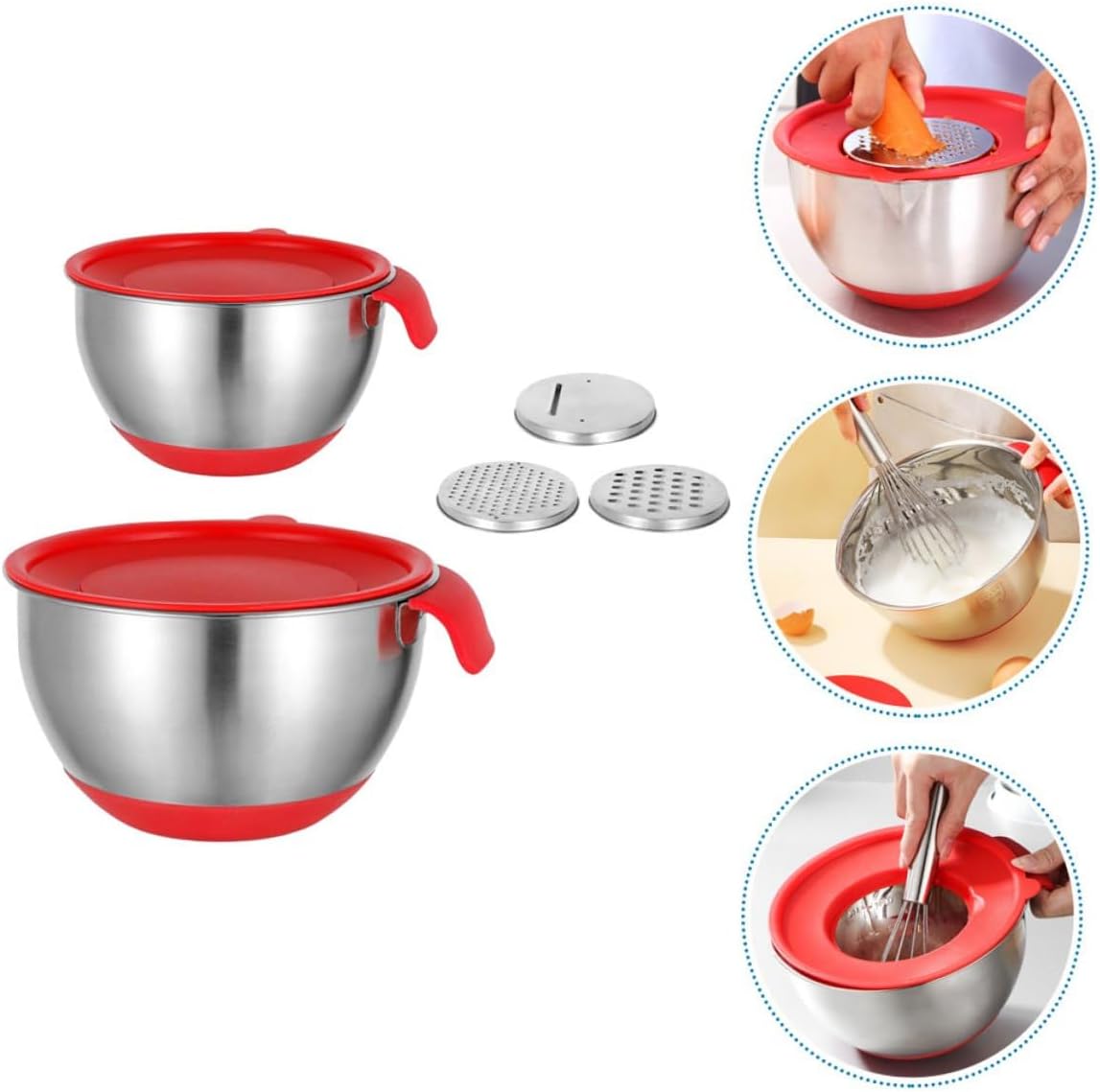 Stackable Stainless Steel Mixing Bowls with Red Handles, Silicone Non-slip Base, Multi-size Set (18cm 20cm) with Lids and Grater Attachments for Salad, Dough Kneading, and Food