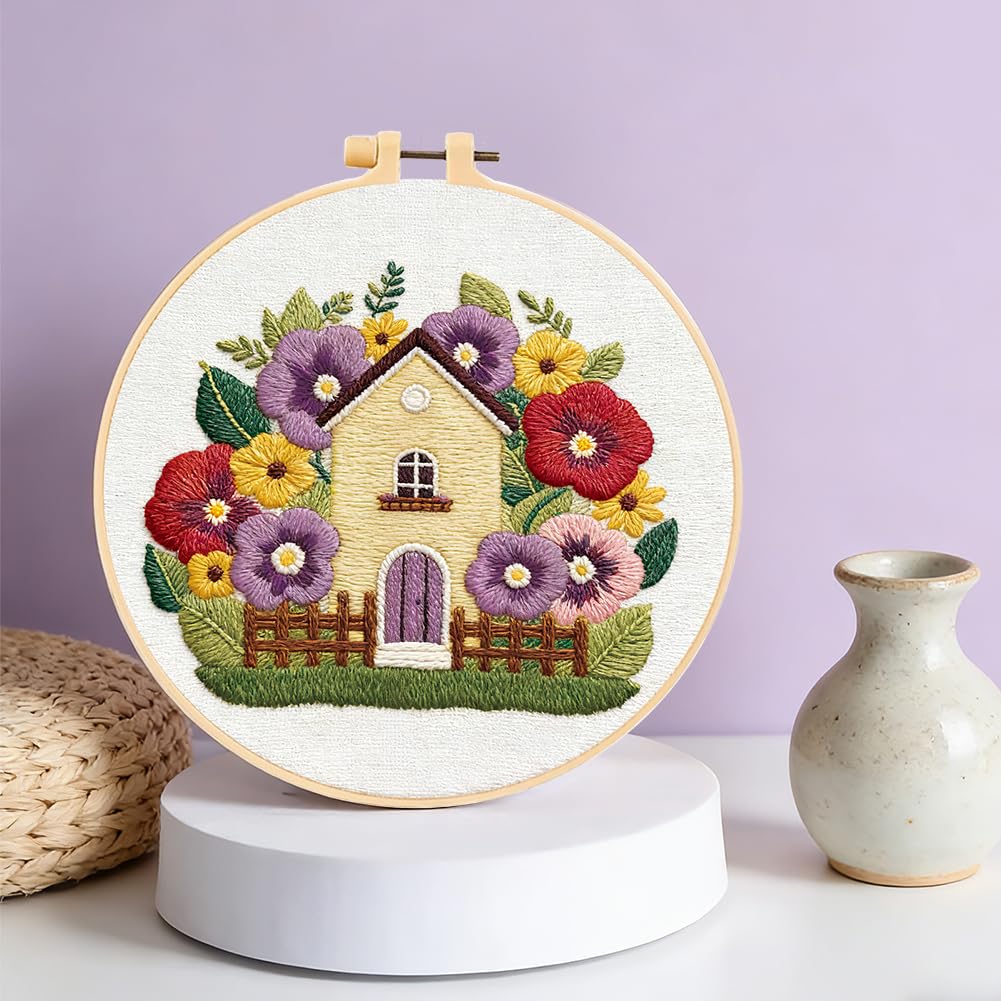 FREEBLOSS Stickset Für Erwachsene Anfänger Blumenhaus Motiv Vorgestanzte Stickvorlagen Stickstarter Set Mit Anleitung Kreuzstich Sets Für Frauen DIY Bastelgeschenk 4 Zoll
