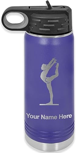 LaserGram Botella de agua de doble pared con tapa abatible de 20 onzas con popote, mujer gimnasta, grabado personalizado incluido (morado oscuro)