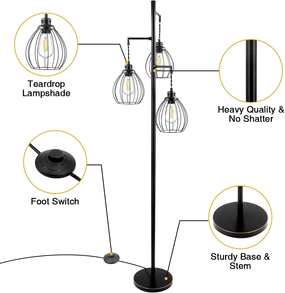 ZJOJO Industrial Floor Lamp, 810 Lumens Bright LED Floor Lamp with 3 Elegant Teardrop Cage Heads & ST58 Edison LED Bulbs, Tall Tree Light Sturdy Base Vintage Pole Great for Living Room Bedroom-1PK