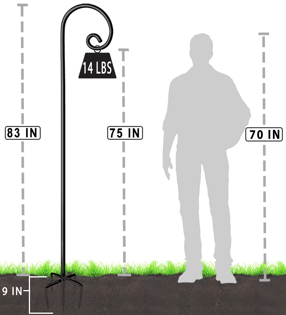 Artigarden Zewnętrzne haczyki owczarkowe o wysokości 233 cm do karmnika dla ptaków (2 opakowania), regulowane metalowe drążki ogrodowe do wiszących roślin, latarnia słoneczna, jasnoczarne