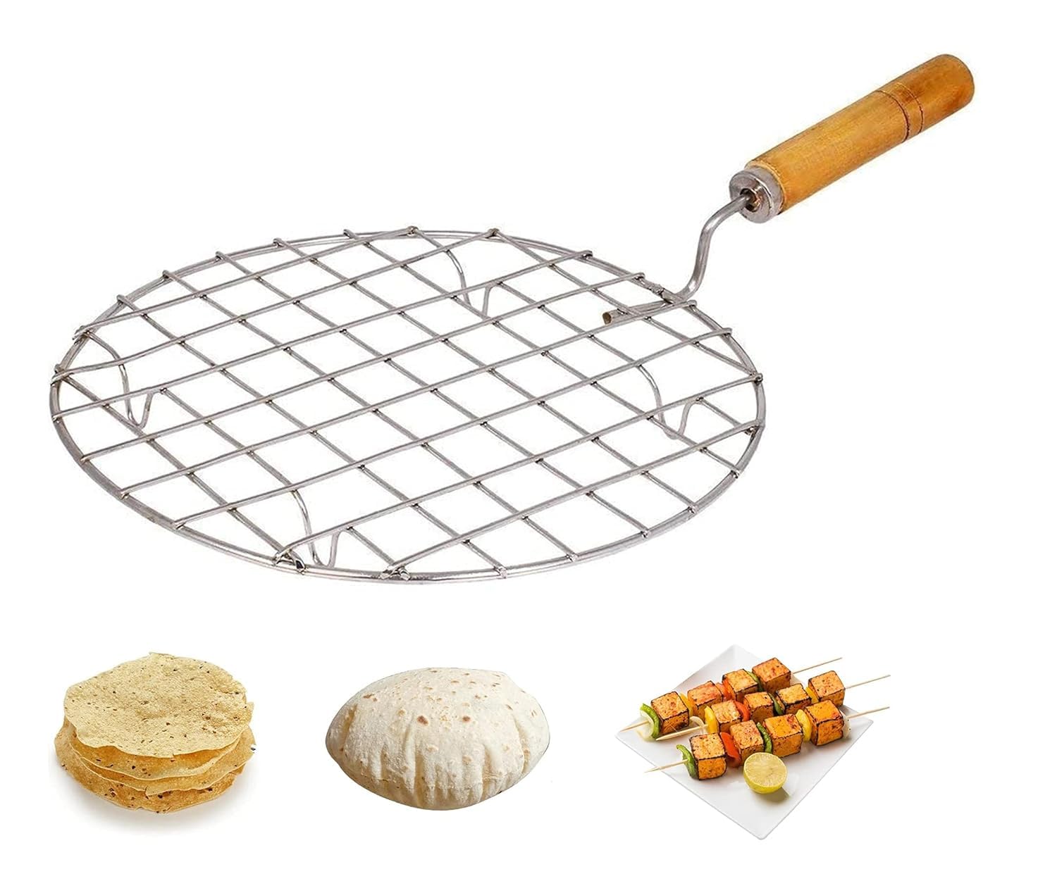 Qebham Roaster Barbecue Net Jali Griller Chapati Toast Grill with Wooden Handle Steaming Cooking and Baking Barbeque Jali for Roti, Paneer (Round)
