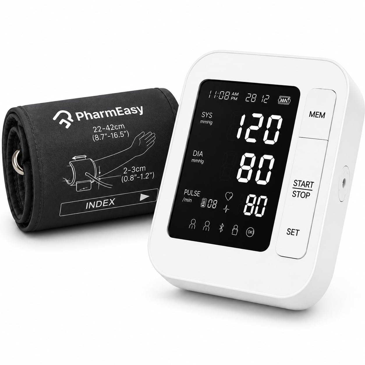 pharmeasy digital blood pressure monitor |smart bp machine for home use | bluetooth connectivity | large backlit display | 2 user memory | bp machine for home & clinic use.