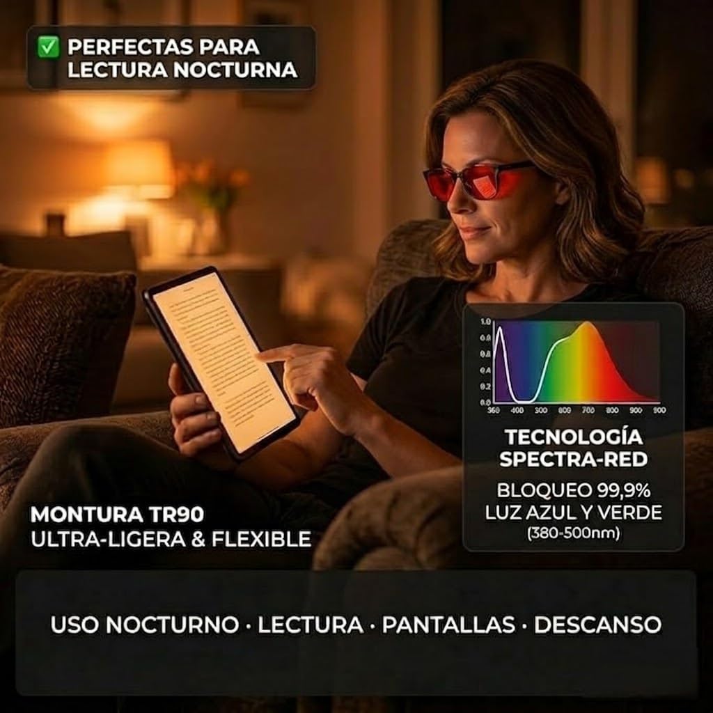 Gafas Rojas Bloqueo 99,9% Luz Azul y Verde | Lente Roja Intensa Uso Nocturno | TR90 Ultra-Ligera Edición 2026 | Biohacking para el Descanso y Ritmo Circadiano — view 3