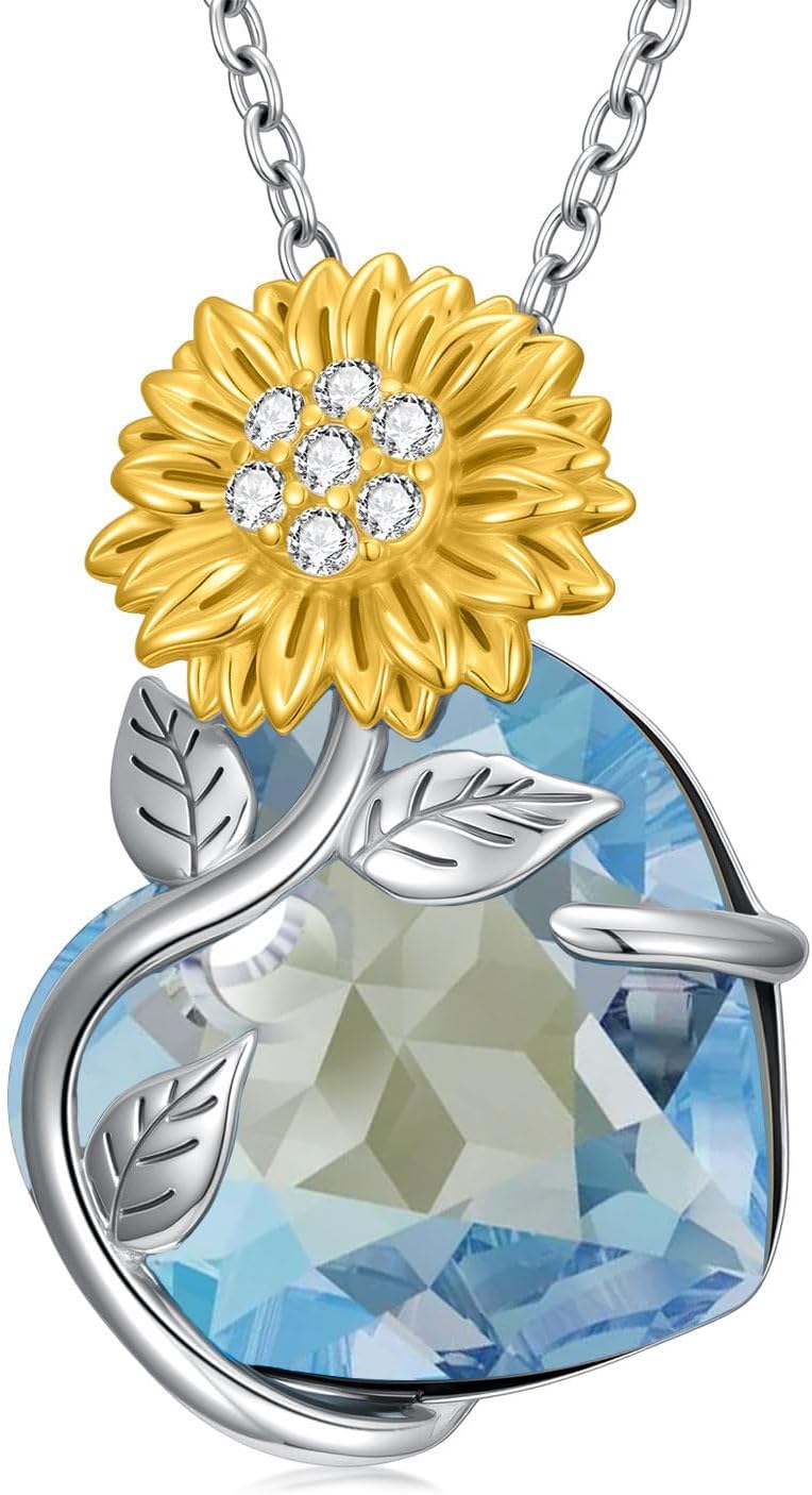 Sunflower Birthstone Necklace for Women 925 Sterling Silver Sunflower Pendant Necklace with Heart Birthstone Jewelry Gift for Mom Wife