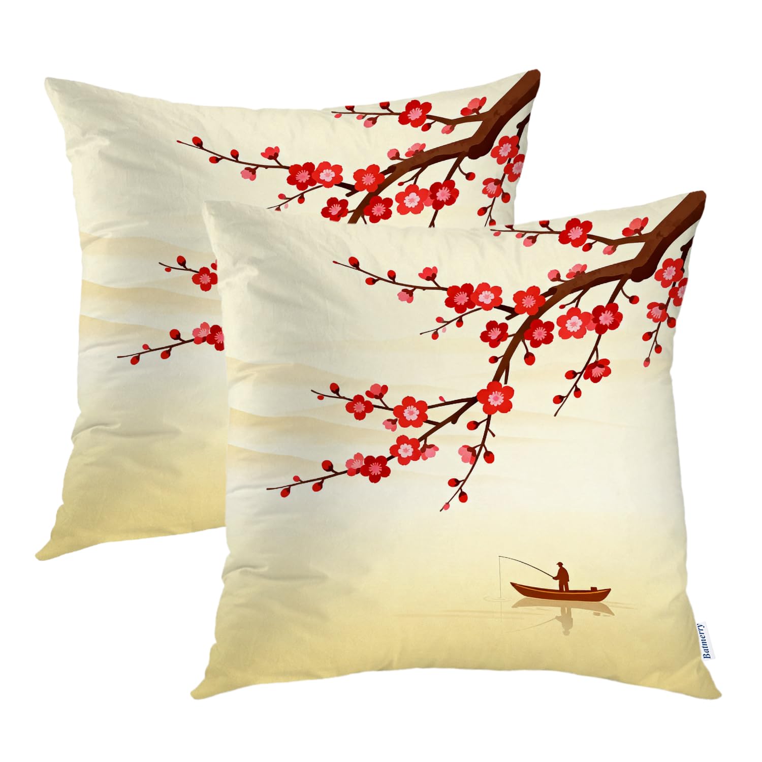 Batmerry Plum Brown Floral Decorative Pillow Covers, 20 x 20 Inch Red Japanese Plum Blossom Double Sided Throw Pillow Covers Sofa Cushion Cover Square