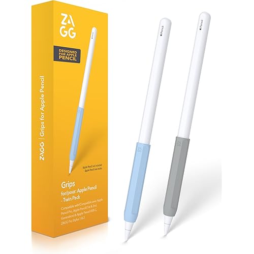ZAGG 2-Pack Silicone Grips for Apple Pencil (1st Gen, 2nd Gen, USB-C) & ZAGG Pro Stylus (2 & 1) – Ergonomic Comfort, Anti-Roll, Round with Three Flat Surfaces Design for Writing & Drawing, Blue, Grey