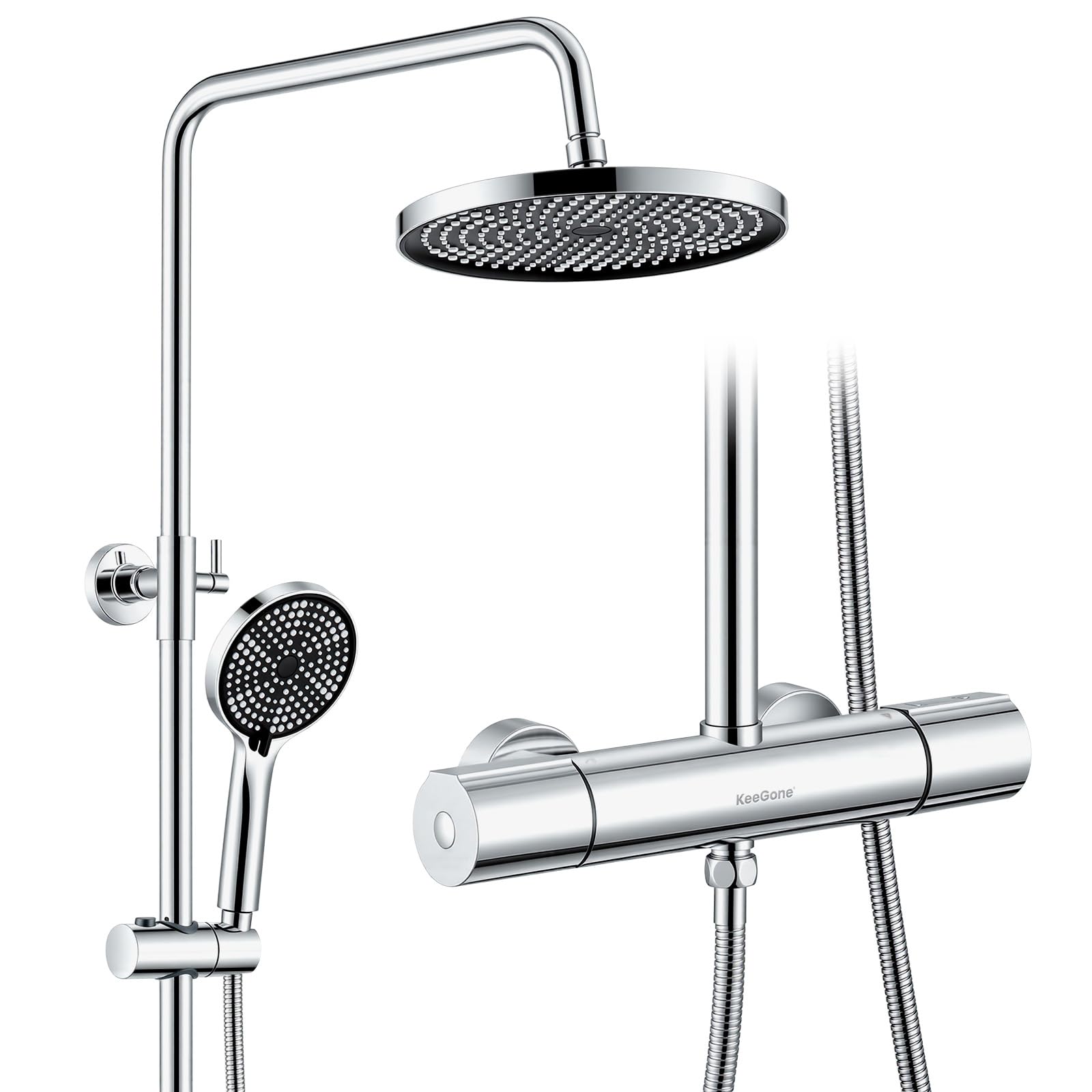 Duschsystem mit Thermostat Edelstahl Regendusche 25cm Handbrause 3 Strahlarten Duscharmatur Komplettset Höhenverstellbar mit Anti-Verbrühungsschutz Wassersparend Einfach Installieren
