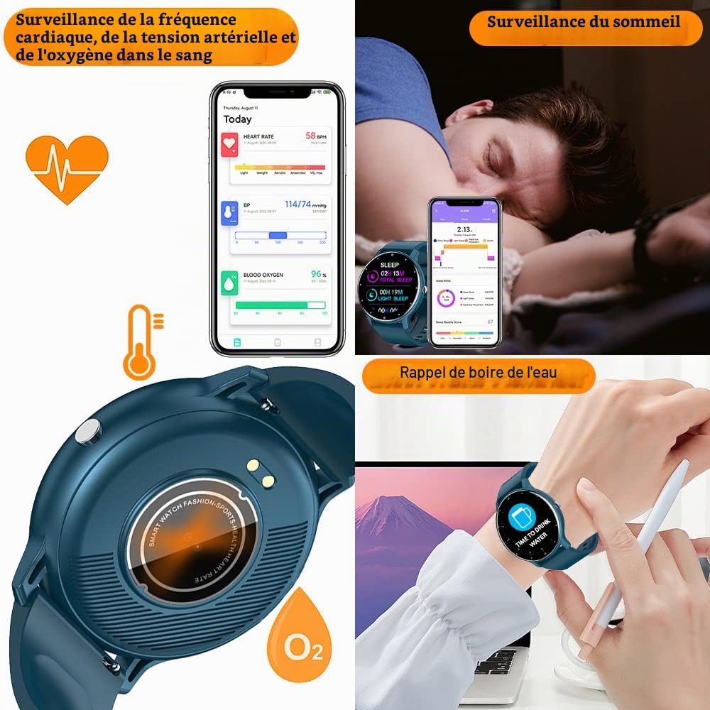 FRAKS 0,8cm Ultra Mince Montre Intelligente Traqueur Fitness Podomètre avec Fonctions Surveillance Fréquence Cardiaque, Pression Artérielle, Oxygène Sanguin et du Sommeil, Notification Push Messages