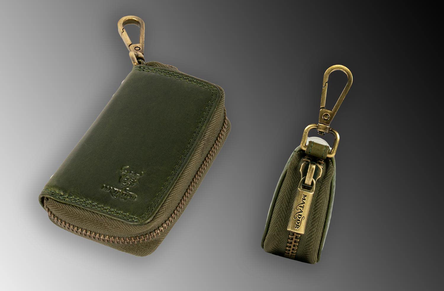 MATADOR Mini Pochette Rangement - Sac pour Clef en Cuir Véritable | Etui à Clé avec Femeture Éclair en Métal et Mousqueton | Porte Clés Clef Protection Organiseur avec Boîte Cadeau Elegant Vert