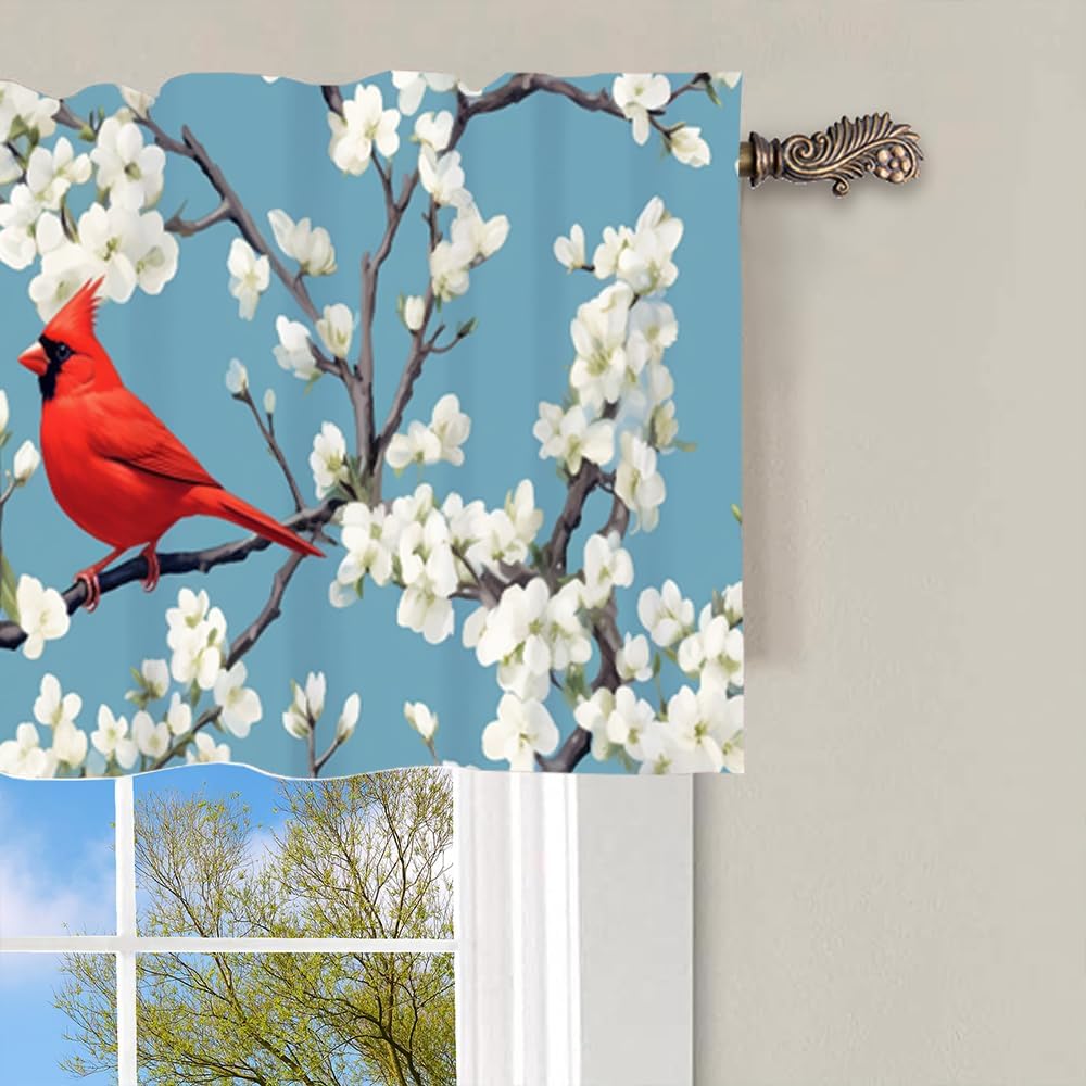 1 Panel Farmhouse Curtain Valance for Windows, Bird Floral Tree Leaf Rod Pocket Short Window Treatment Decor Drapes for Kitchen, Bathroom, 54" X 18"