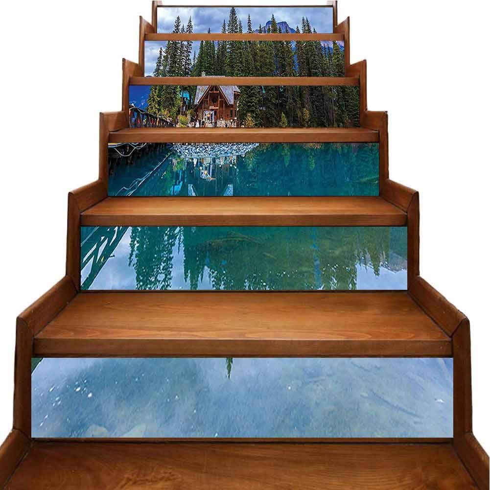 DIY Decor Emerald Lake Scenery with a Wooden Cottage House Country View Petrol Blue Olive Decals Removable Waterproof Home Decor, W39.3 x H7 inch