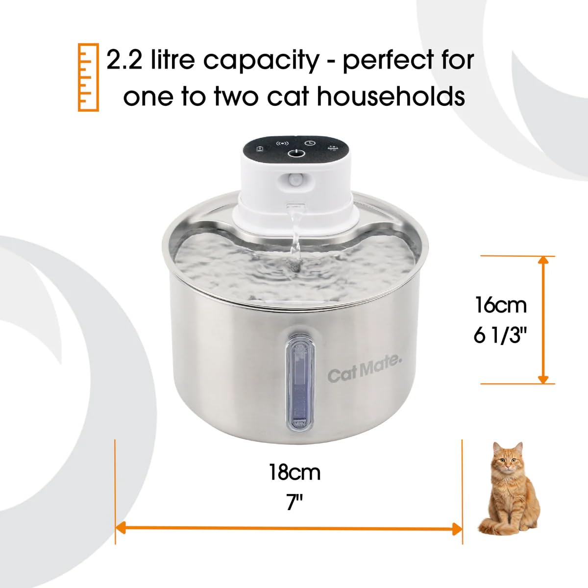 Cat Mate 2-Liter-Edelstahl-Trinkbrunnen für Katzen – Automatischer Wasserspender für Haustiere, gefilterter Trinkbrunnen, batteriebetrieben