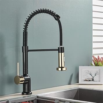 Spring Brushed Kitchen Sink Faucet Pull Down Single Handle Faucet Mixer Hot Cold Stainless Steel, Black Gold