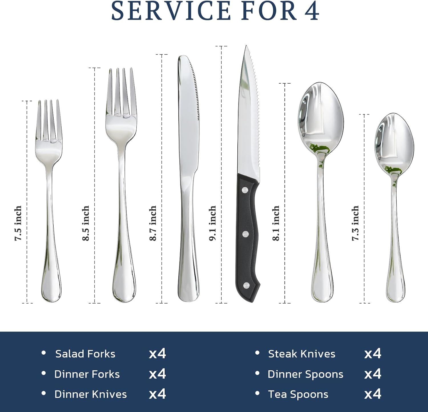 Astercook Silverware Set with Steak Knives 24-Piece Flatware Set for 4 Food-Grade Stainless Steel Cutlery Set Mirror Polished Utensils Set Include Spoons and Forks for Home Gifts for Women