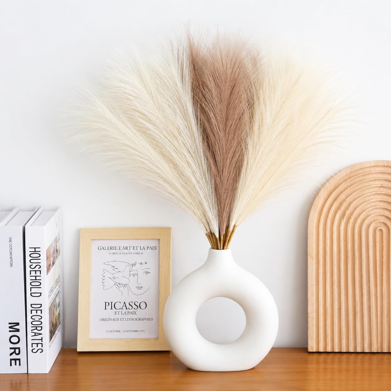 CURATED CART 3 Pcs Faux Pampas Grass - 17 inch Artificial Fluffy Flowers for Home Decoration, Wedding & Office Decor | Dried Plants, Leaves & Grass Arrangement (Without Vase) - Beige, Brown, White-image-16