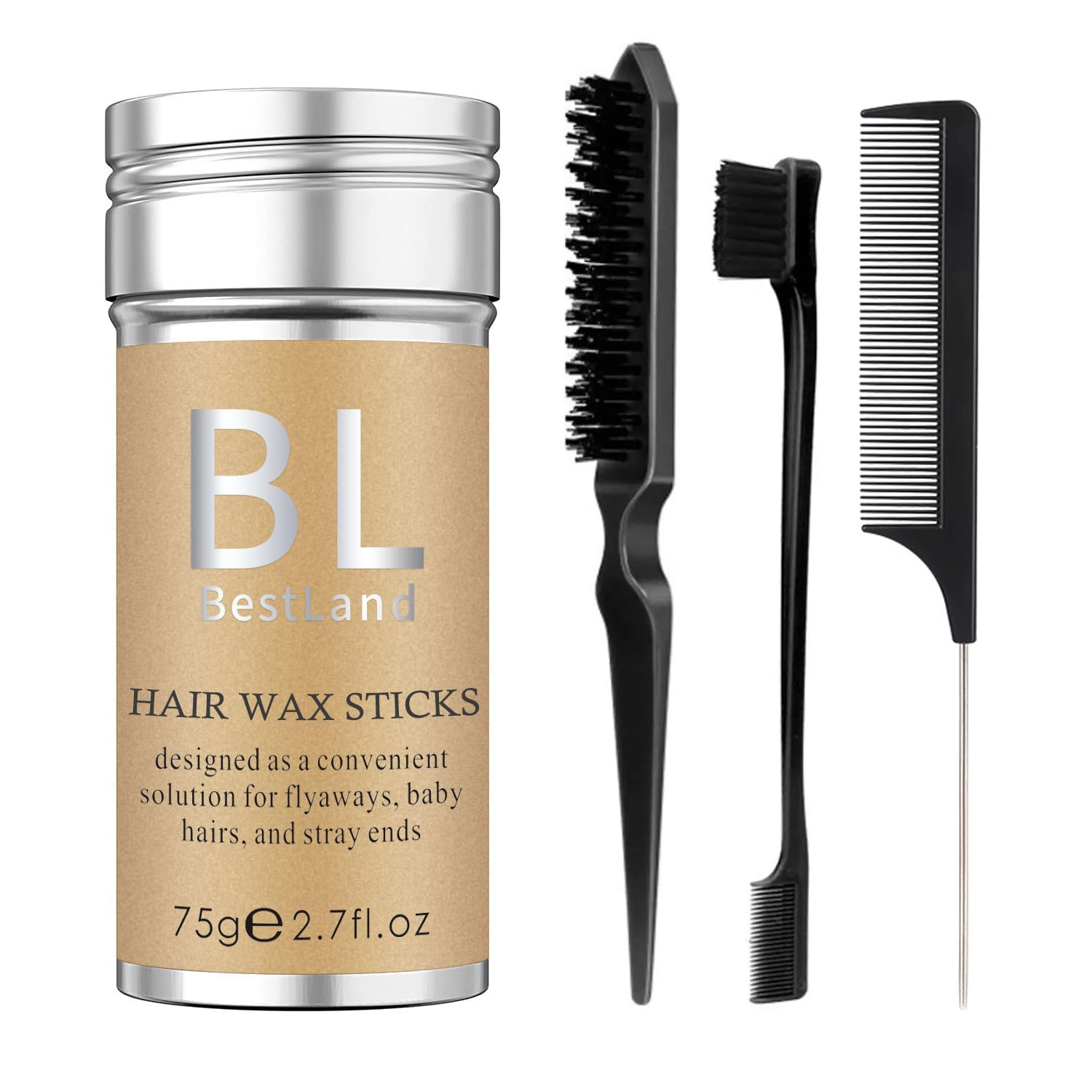 4Pcs Hair Wax Stick 2.7oz with Edge Brush and Styling Comb Set, Strong Hold Hair Styling Wax for Flyaways, Baby Hairs, Frizz Control and Sleek Ponytails, Non-Greasy Hair Finishing Stick