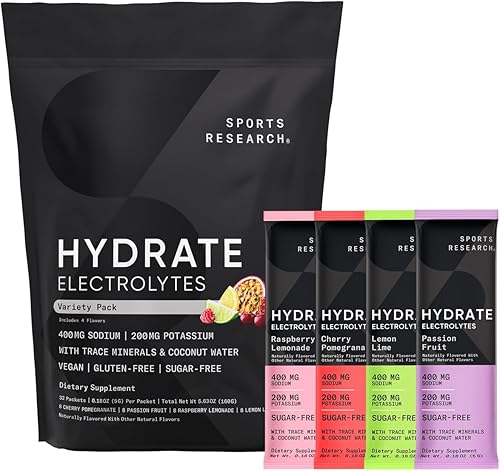Sports Research Hydrate - Paquetes de electrolitos en polvo, sin azúcar y con sabor natural con vitaminas, minerales y agua de coco, apoya la