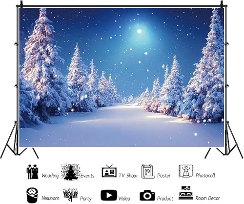Miniatura 3 de Laeacco Telón de fondo de bosque de invierno de 12 x 8 pies, escena nevada de invierno, fondo de fotografía, noche de las maravillas, árboles de
