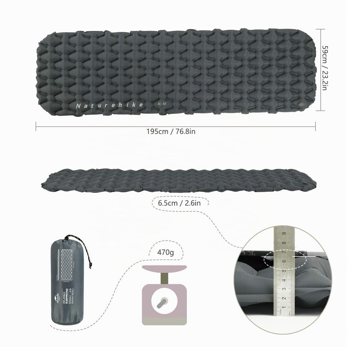 Naturehike Matelas Camping Portable de Couchage Individuel 6,5 cm d'épaisseur Matelas de Couchage Gonflable Outdoor Compact et résistant à l'humidité pour la randonnée,Le Backpacking,Le Camping