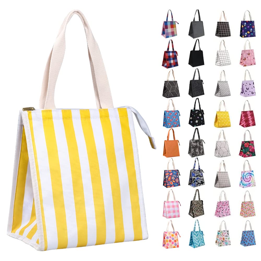 iknoe Borsa termica per il pranzo, per donne e adulti, 9 l, pieghevole, ampia apertura, con tasche, a tenuta stagna e portatile, per picnic, ufficio, spiaggia (striscia gialla)