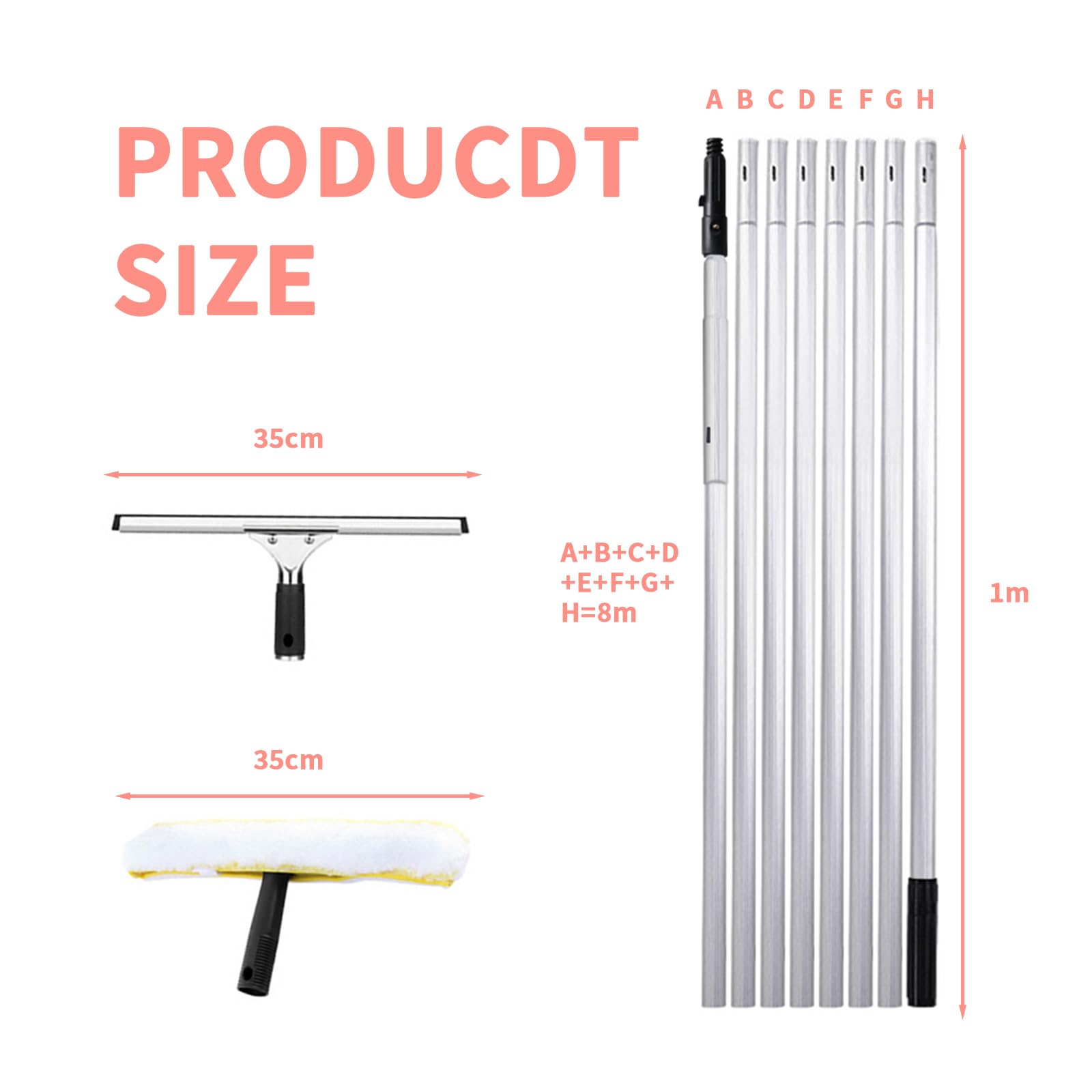 Nettoyeur de Raclette Vitre Kit，Largeur du 35 cm，Brosse d'essuie-Glace Enlever Effectif L’Eau，Longueur du Manche 8m，pour Vitres Hautes Intérieur et Extérieur