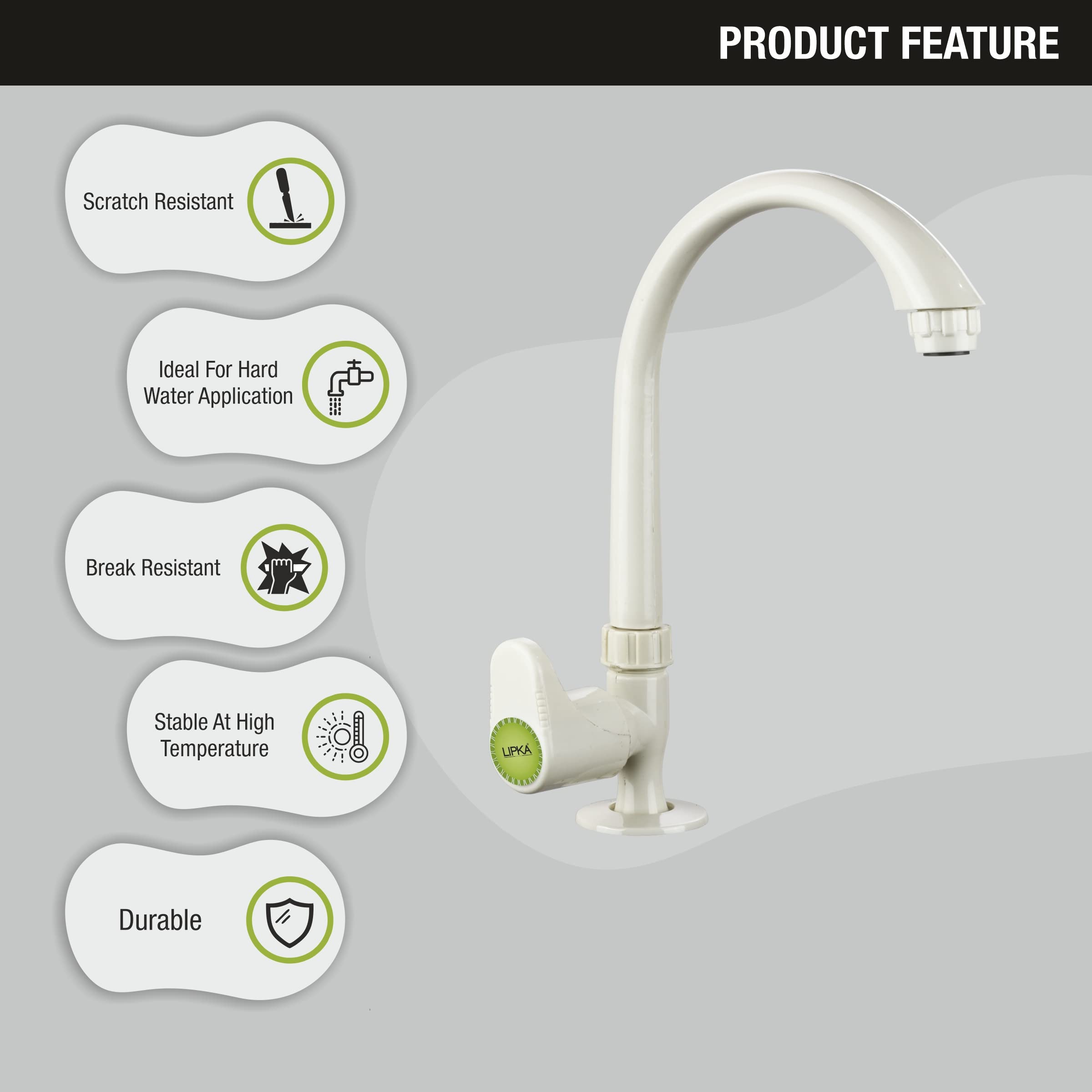 LIPKA Designo Swan Neck Swivel Spout Faucet Sink Cock | Wall Mount Sink for Kitchen | Wash Basins | Swan Long Neck Faucet | Plastic for Kitchen/Bathroom | Plastic Water | Lvory 1