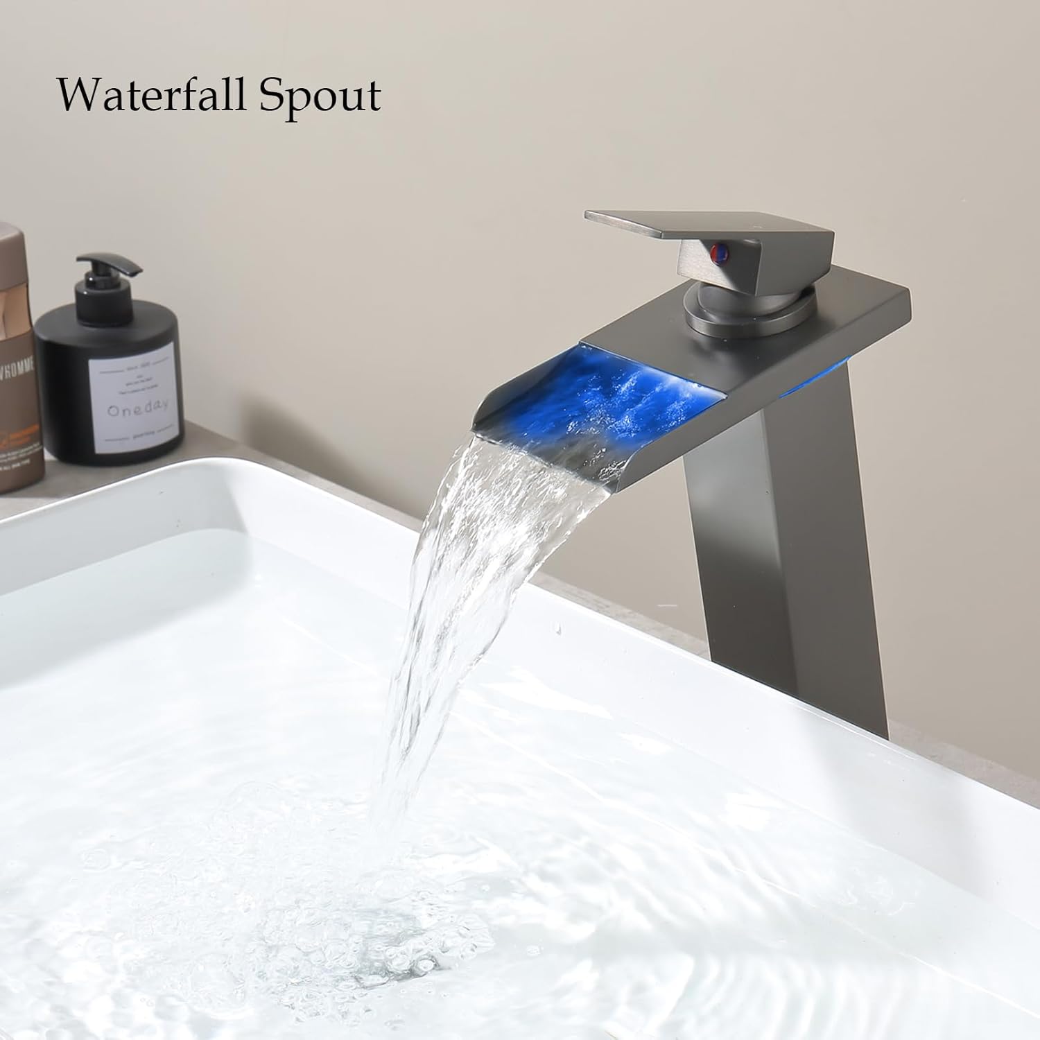 LED Bathroom Faucet Black Stainless, Drak Dray Bathroom Sink Waterfall Tall Vessel Faucet Gunmetal Grey 1 Hole with 3 Color Changing Single Handle Brass
