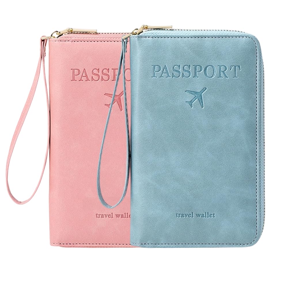 Portafoglio multifunzionale per passaporto RFID, porta passaporto RFID per portafoglio, custodia da viaggio antifurto per custodia protettiva antifurto, Rosa+Celeste, moderno