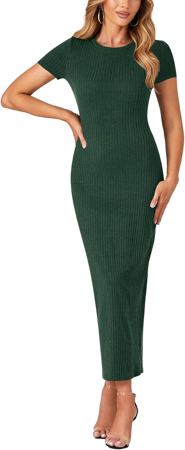 Umenlele Women’s Casual Short Sleeve Ribbed Knit Bodycon Fitted Pencil Long Maxi Dress - Image 5