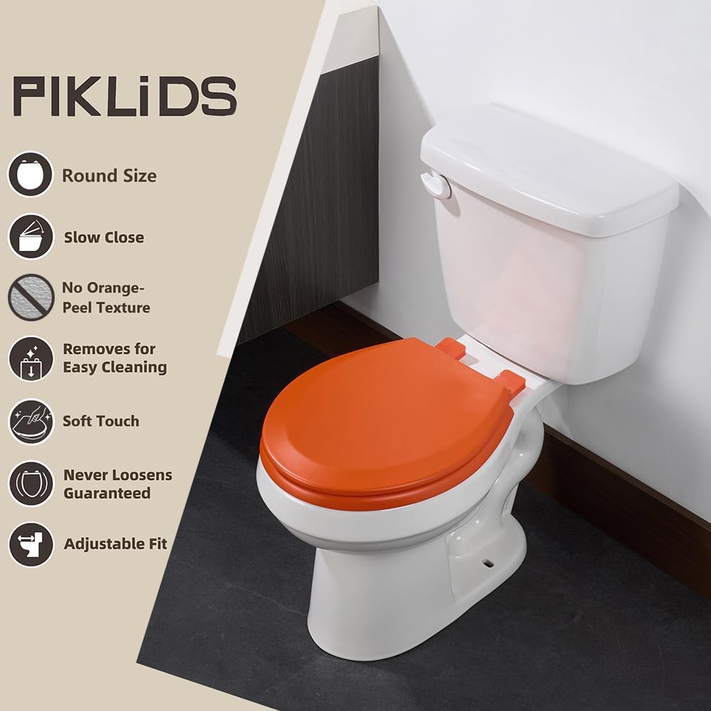 Toilet Seat, Slow Close, Soft Touch, Ultra-Smooth Matte Finish (No Orange-Peel Texture), Premium Moulded Wood, Quick Release, PIKLiDS (Orange, Round)