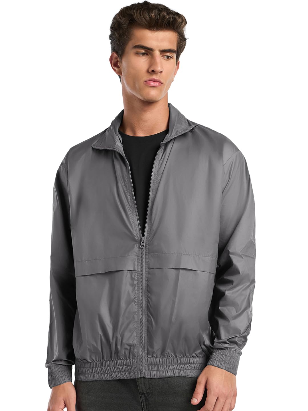 Bewakoof Men's Nylon Oversized Fit Collar Windcheater Jacket | Bewakoof Air 1.0 | Jacket for Men Winter Wear in neutral