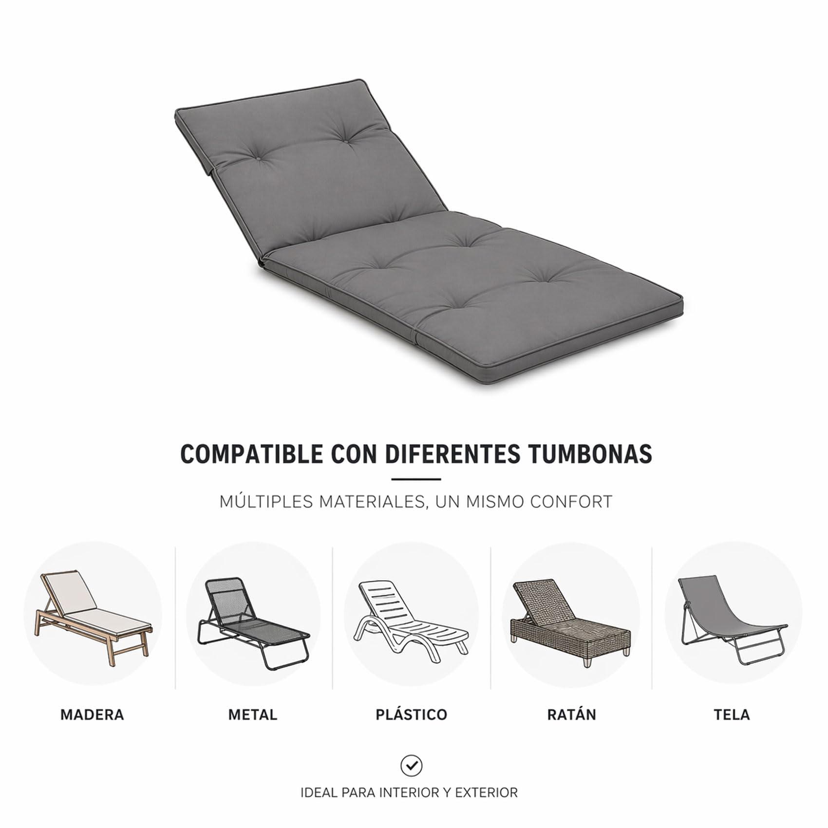 Cojín para Tumbona Acolchado y Grueso, Colchoneta Cómoda para Exterior, Ideal para Jardín, Piscina, Terraza, Playa y Balcón (Beige, 180x55cm)