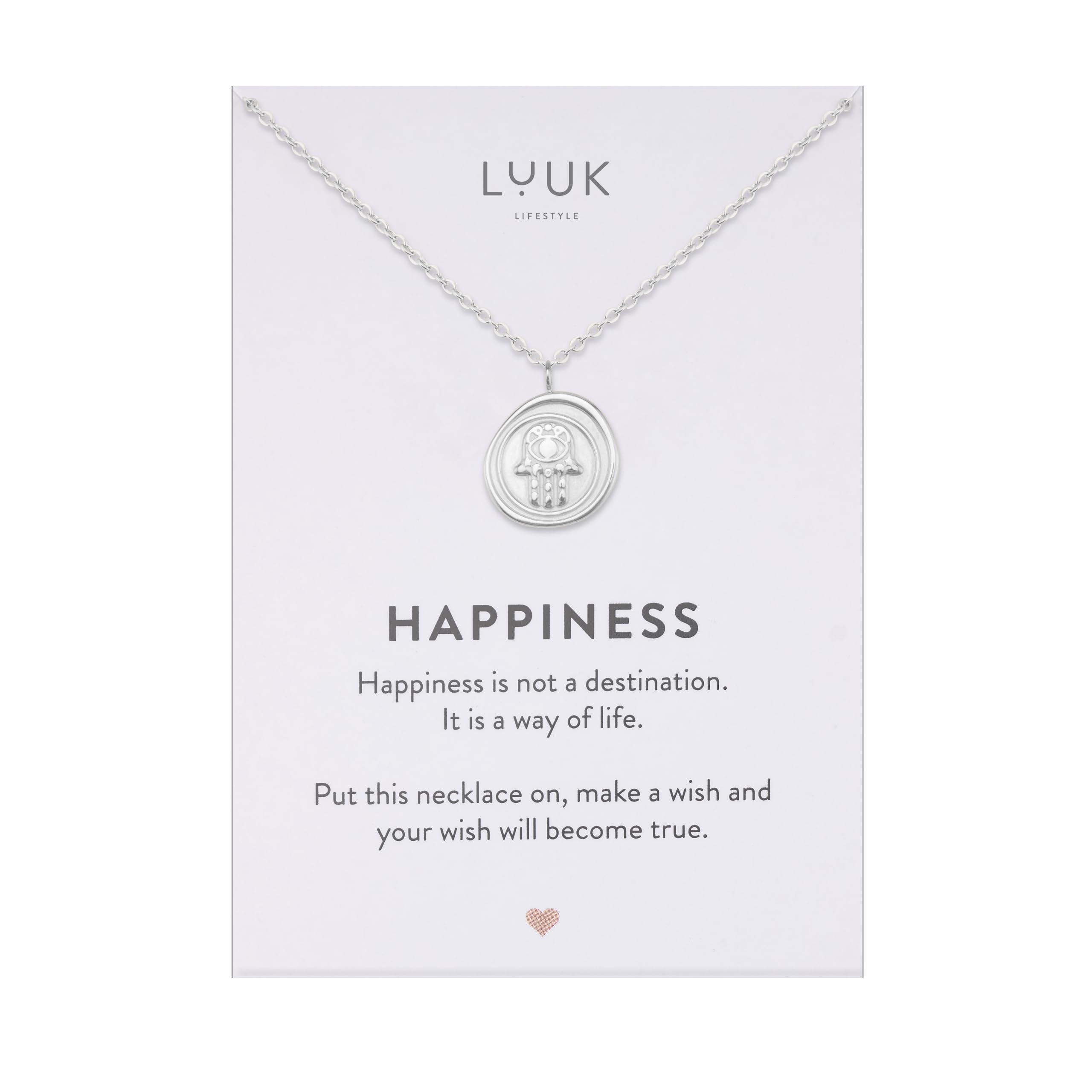 LUUK LIFESTYLE Collares de acero inoxidable para mujer con finos amuletos de la suerte y tarjeta mensaje HAPPINESS, Idea de regalo Mujer, Hermana, Hija, Navidad, Plateado, Dorado, Oro rosa (50cm ca.)
