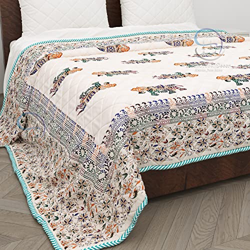 Image of 380 GSM Jaipuri Elephants Printed Winter Cotton Single Bed Quilt Razai - Red, Green, Cream and Multicolor, Rajai, 60X90 Inch