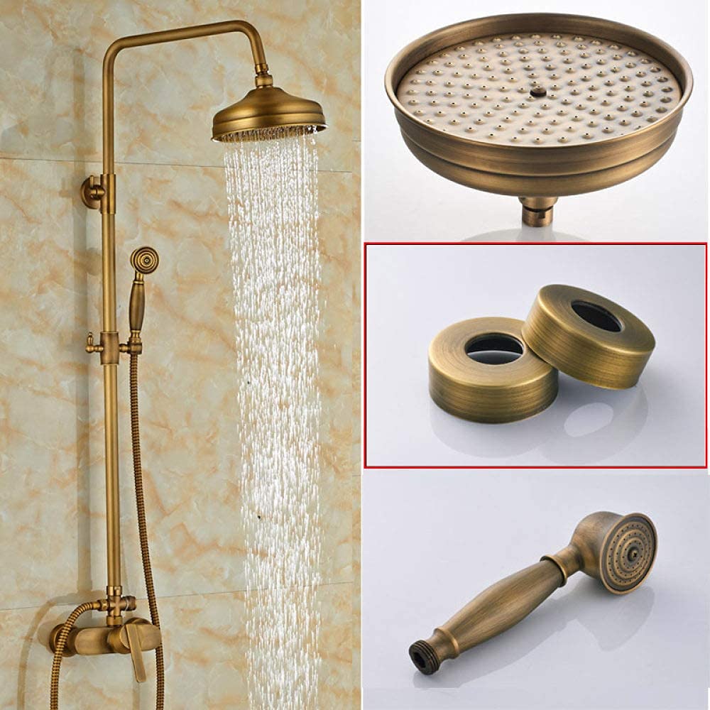 GLJTUO Shower System Brass Antique Rainfall Shower Set Faucet Single Handle Outdoor Shower Mixer Tap Brass Rainfall Shower Mixer with Handshower,Antique Brass B,02,Antik M?ssing B-02-A